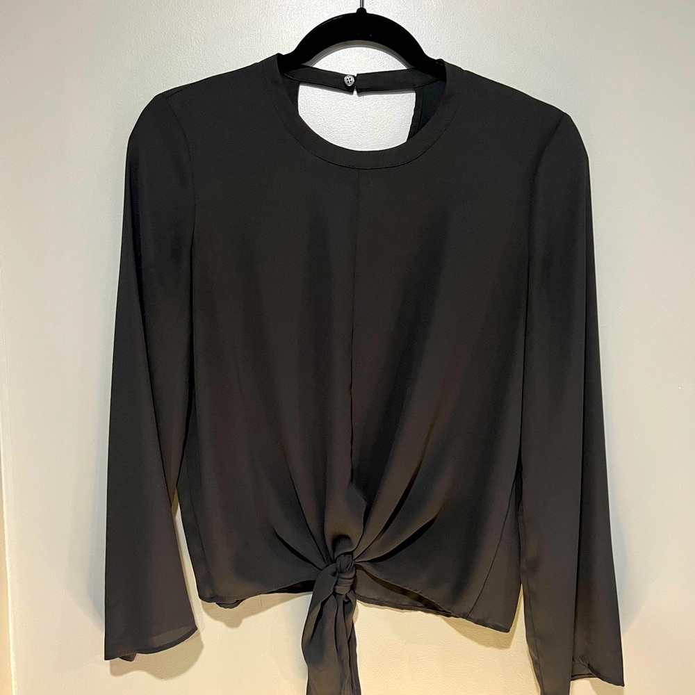 Madewell-Black, bell sleeve, waist tied blouse, S